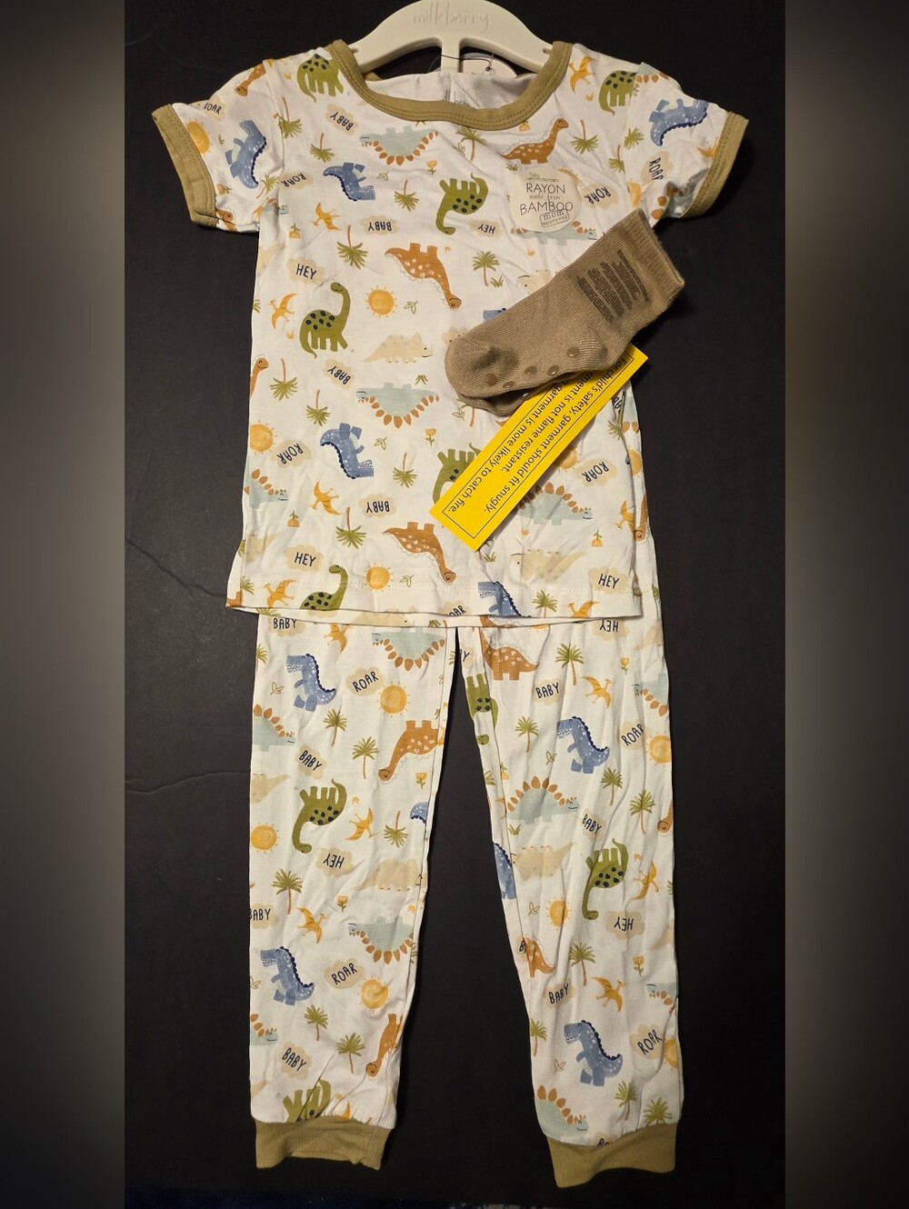 Milkberry Bamboo Kids Dinosaur Pajama Set - Cream with Green & Blue Accents